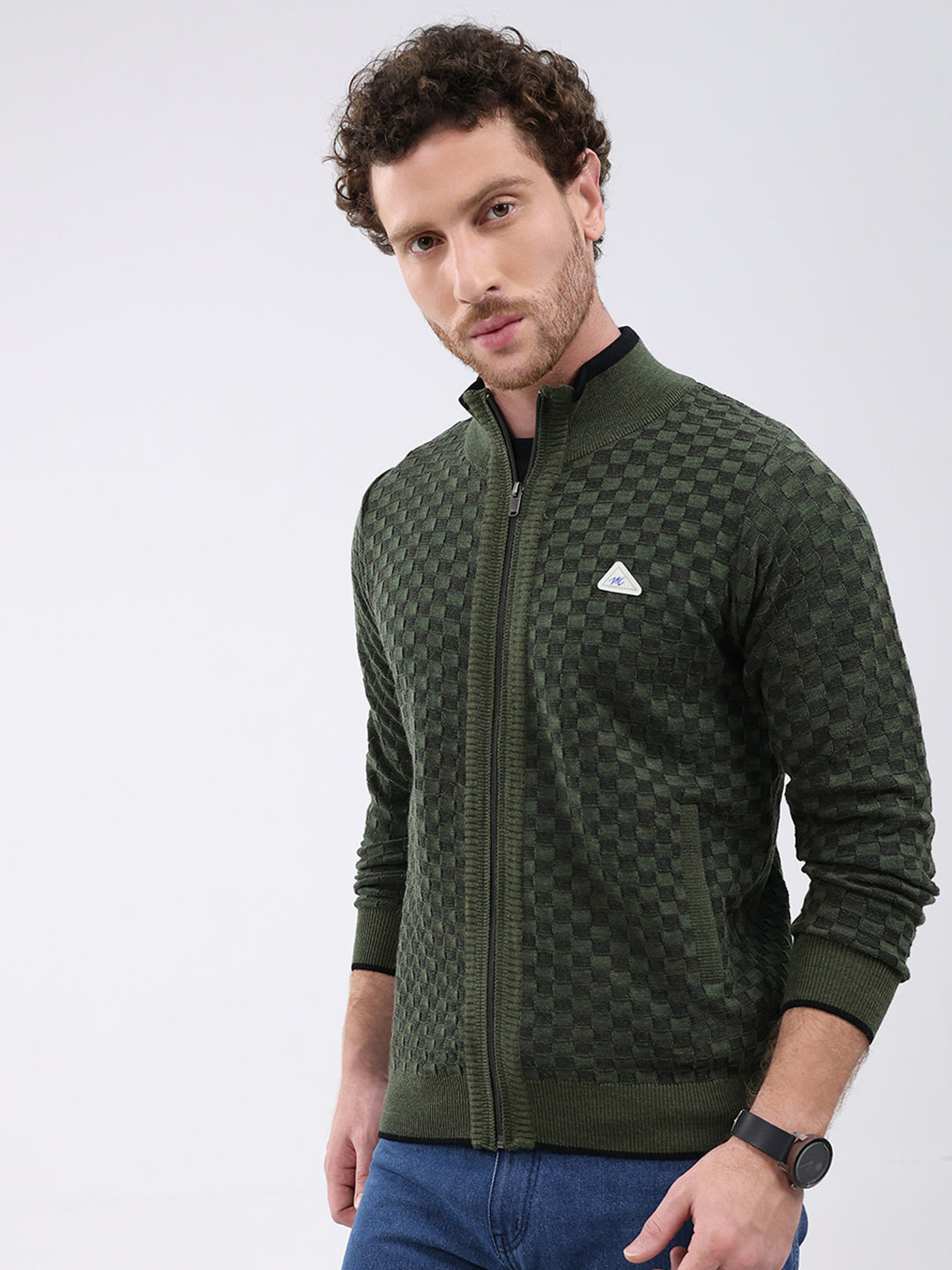 Men Green Self Design Mock Neck Full Sleeve Pullover