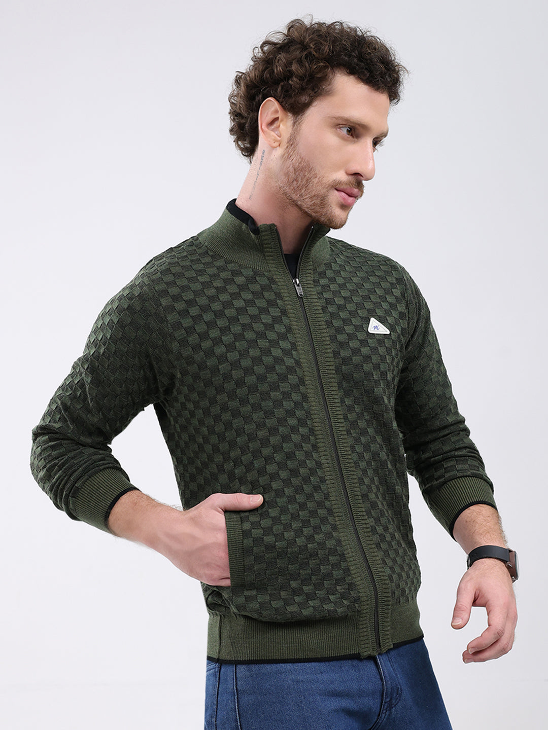 Men Green Self Design Mock Neck Full Sleeve Pullover
