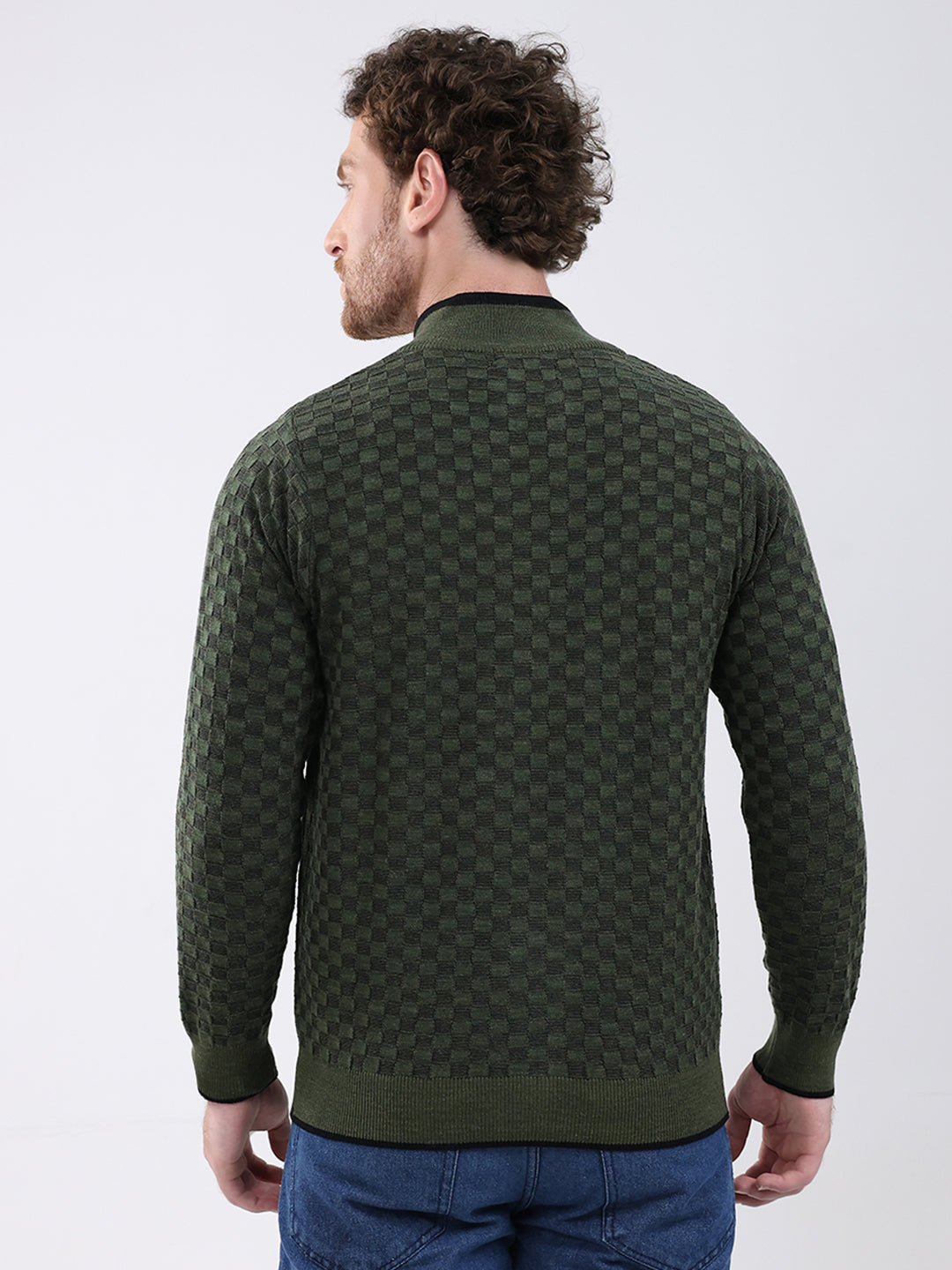Men Green Self Design Mock Neck Full Sleeve Pullover