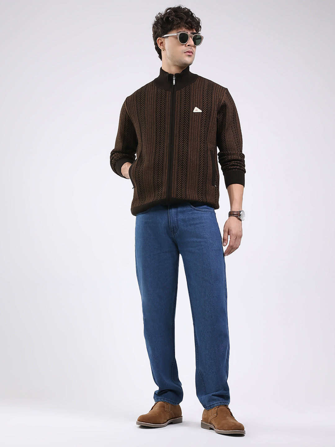 Men Brown Self Design Mock Neck Full Sleeve Pullover