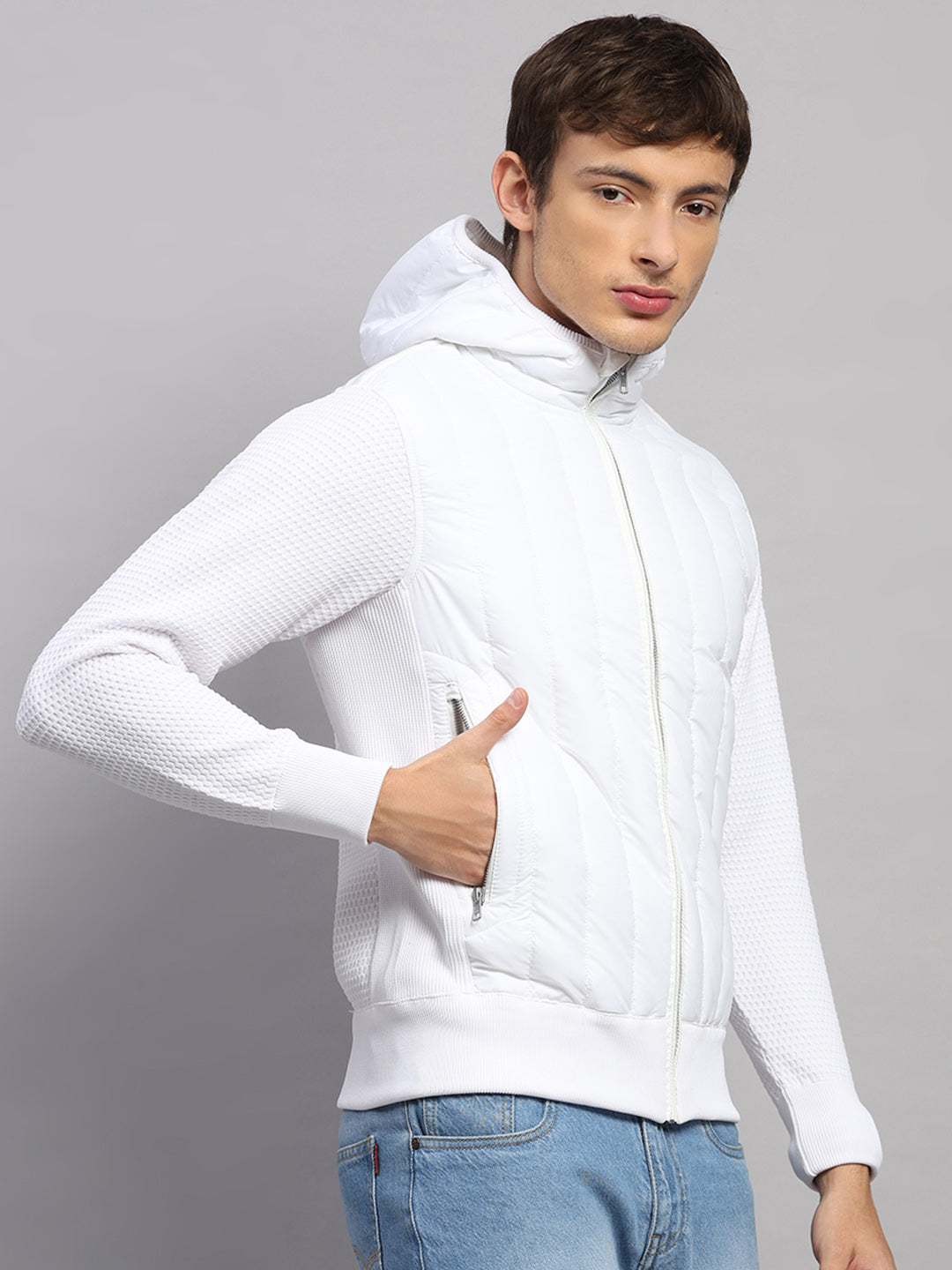 Men White Self Design Round Neck Full Sleeve Pullover
