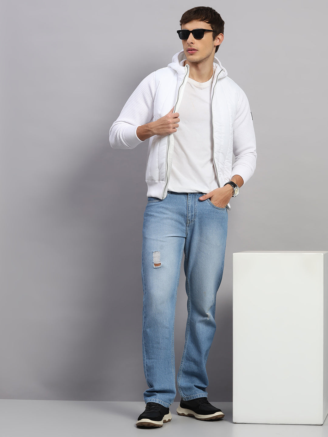 Men White Self Design Round Neck Full Sleeve Pullover