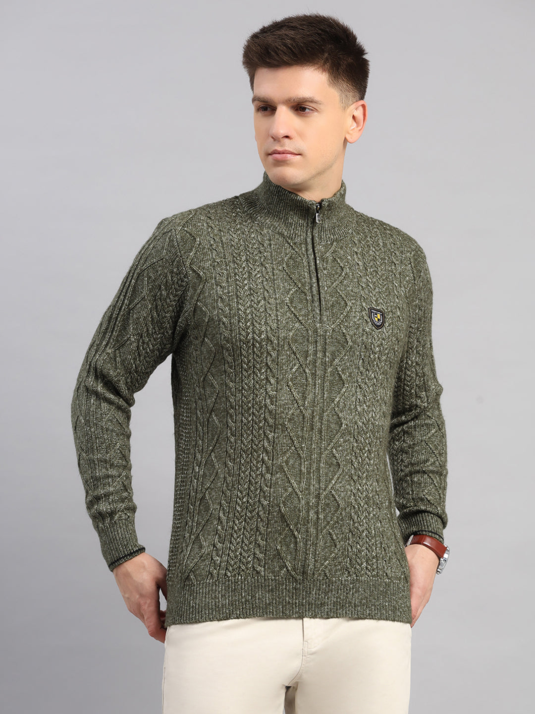 Men Green Self Design Round Neck Full Sleeve Pullover