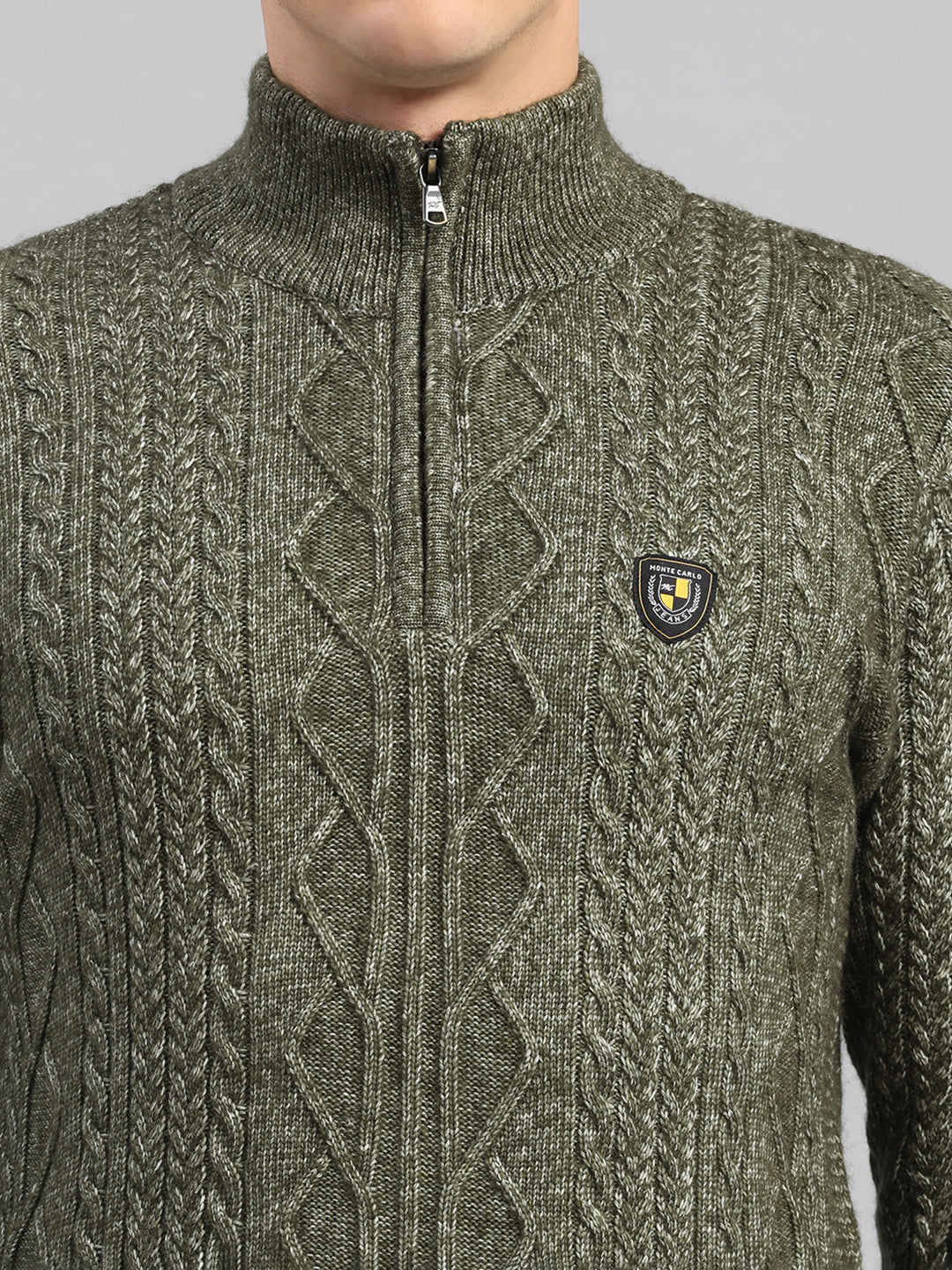 Men Green Self Design Round Neck Full Sleeve Pullover