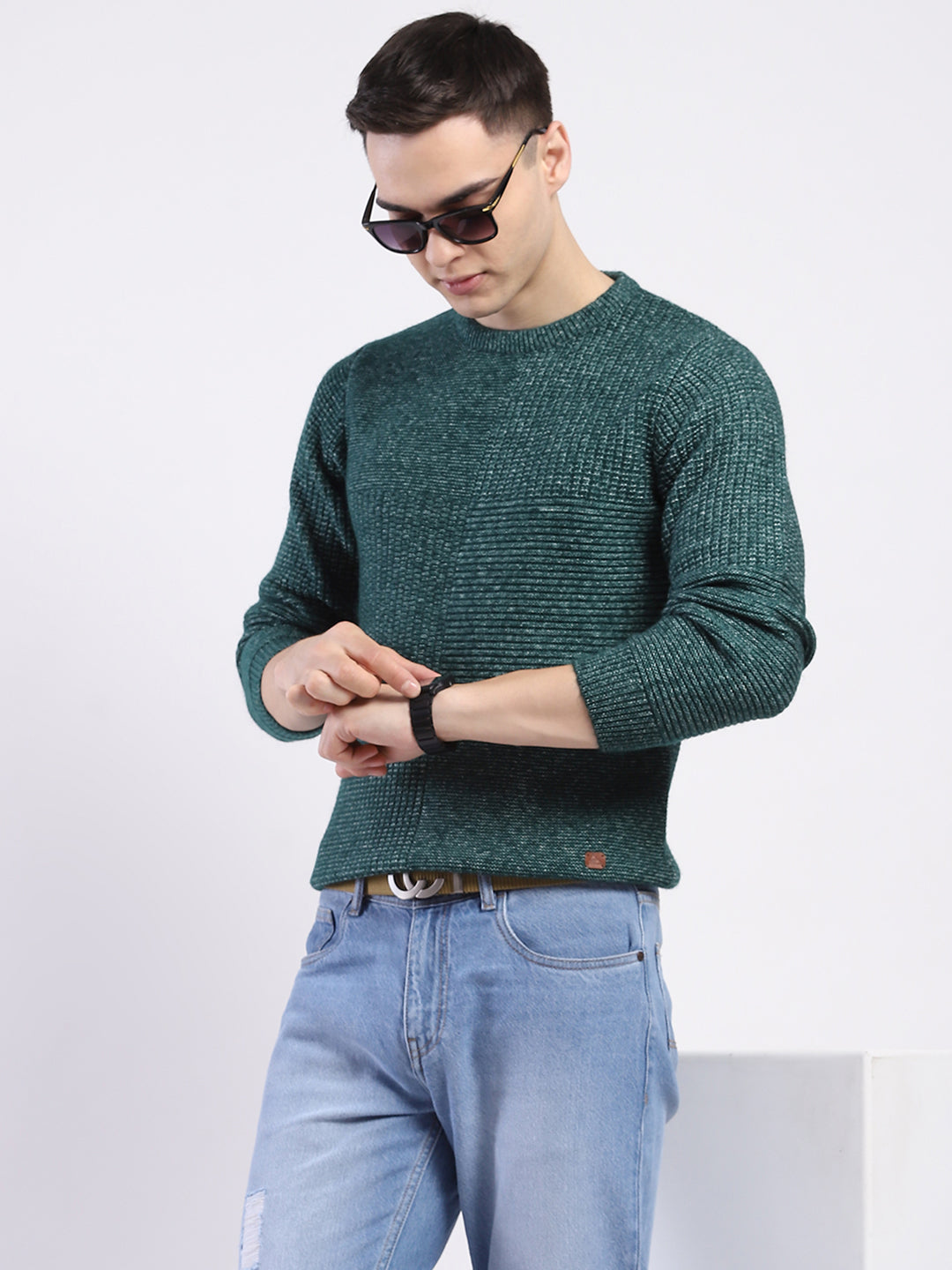 Men Green Self Design Round Neck Full Sleeve Pullover