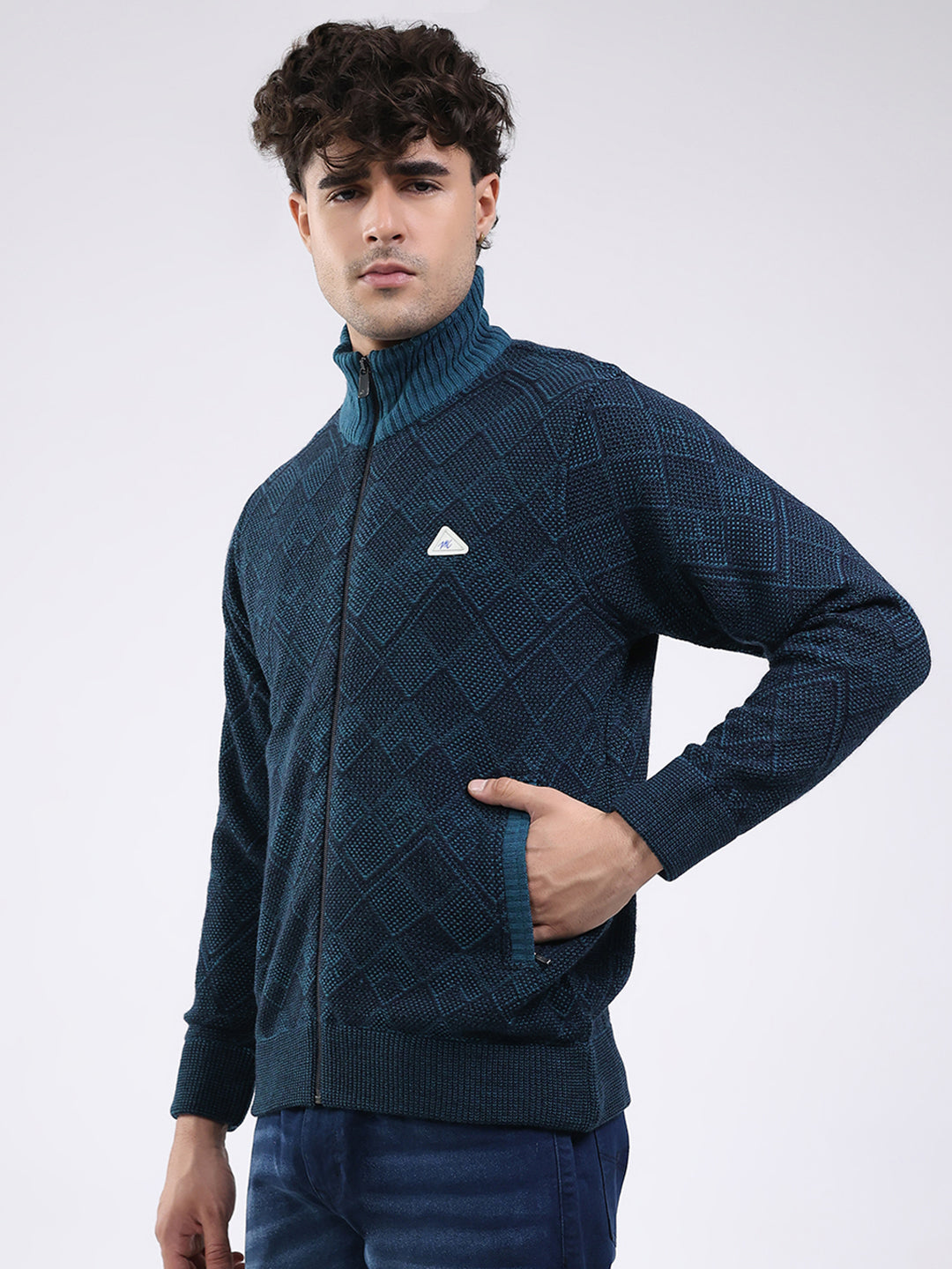 Men Blue Self Design Mock Neck Full Sleeve Jacket