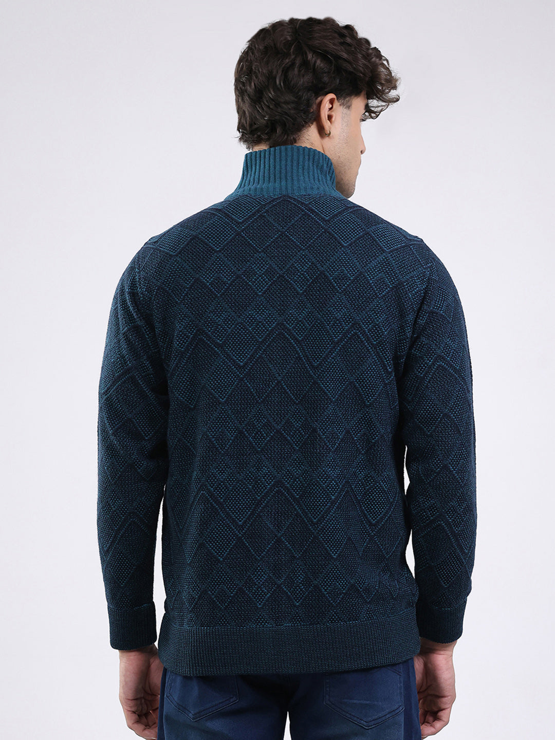 Men Blue Self Design Mock Neck Full Sleeve Jacket