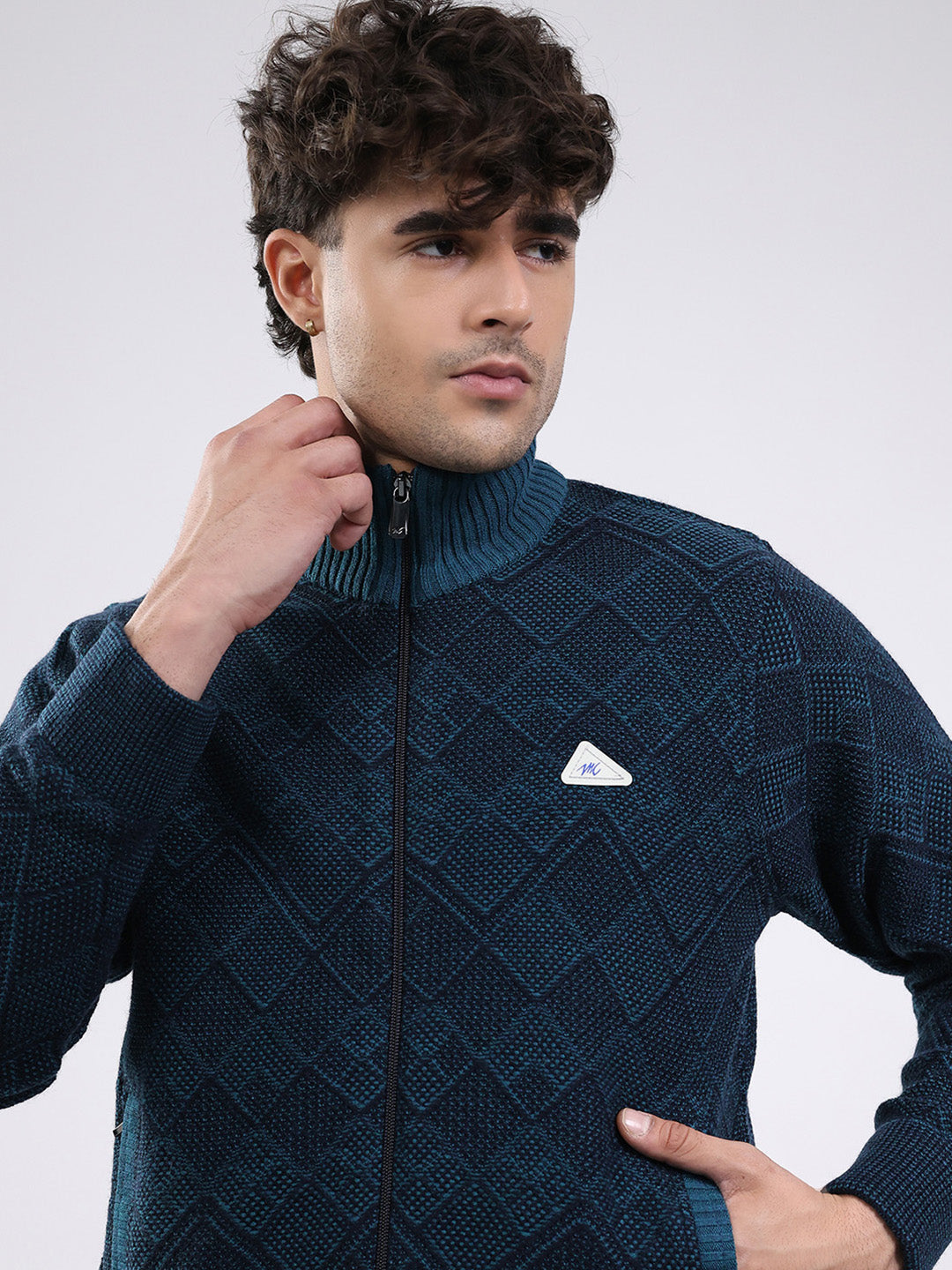 Men Blue Self Design Mock Neck Full Sleeve Jacket