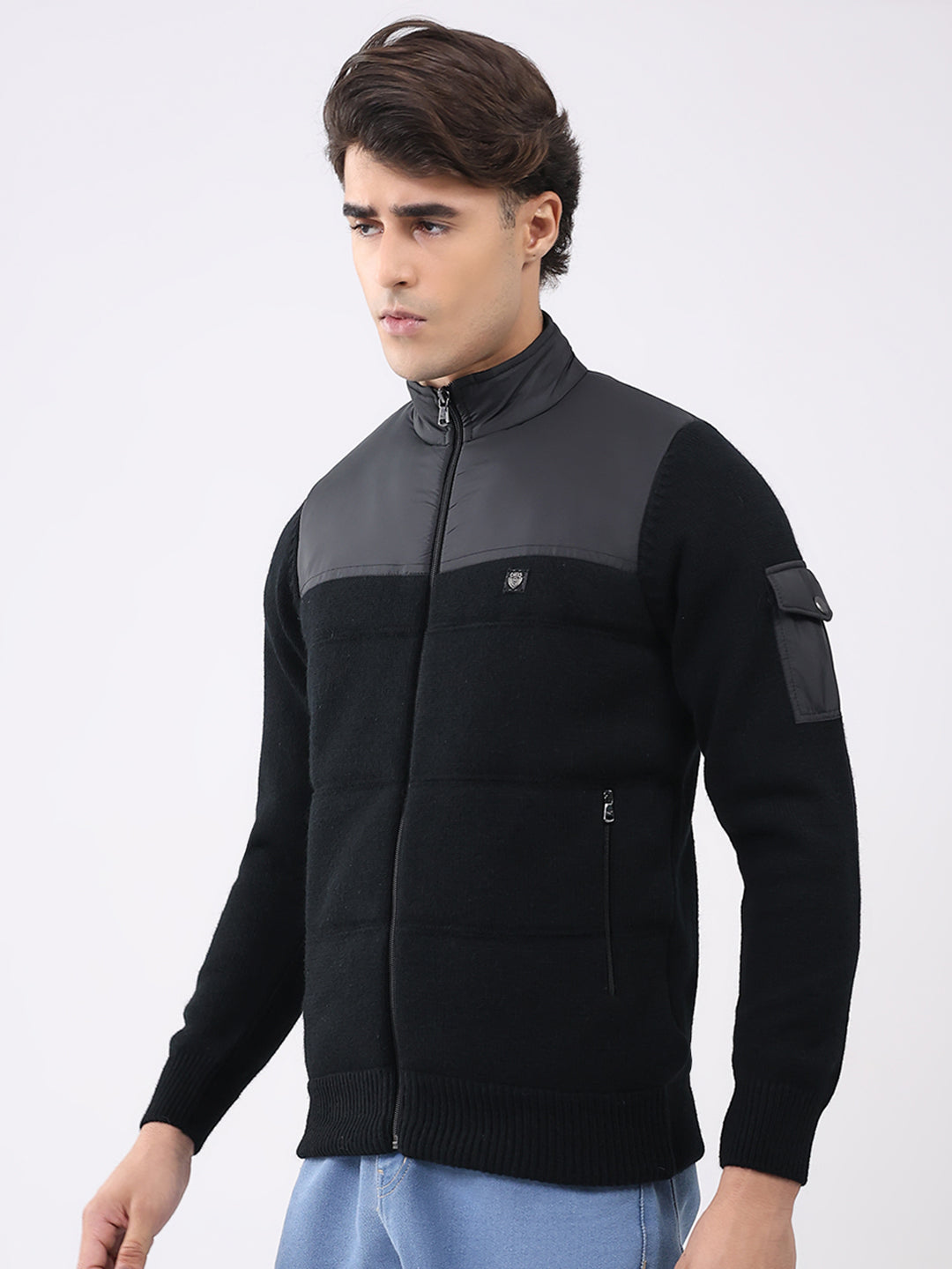 Men Black Printed T Neck Full Sleeve Jacket