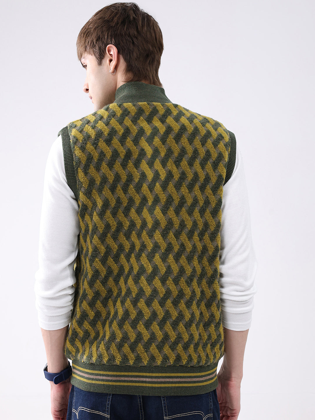 Men Green Self Design Mock Neck Sleeveless Jacket