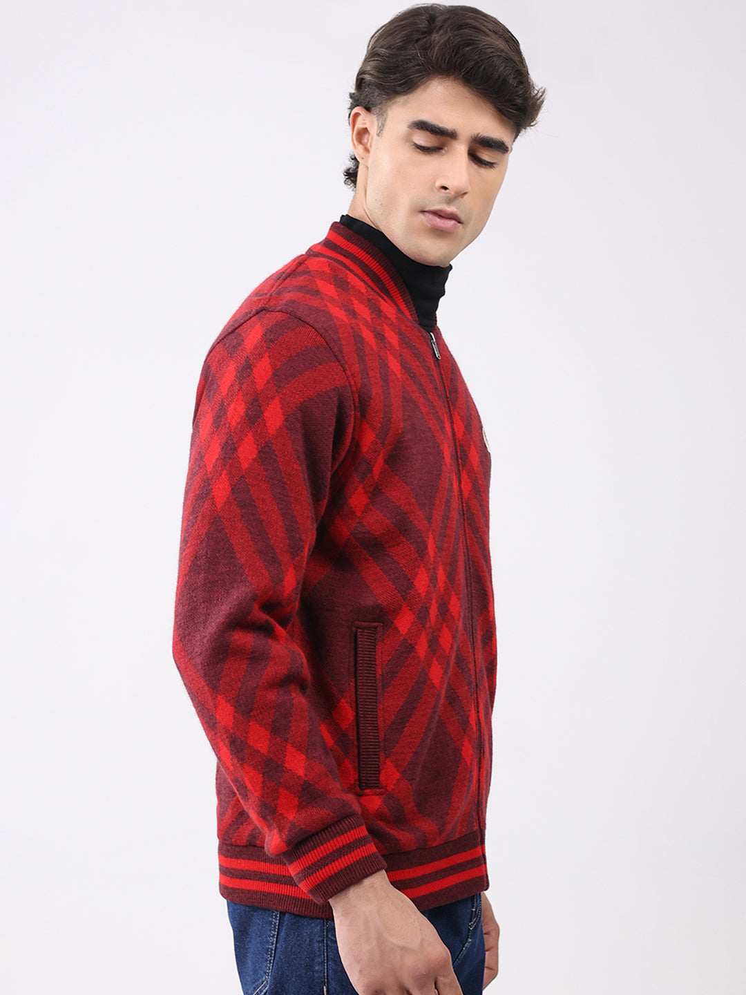 Men Red Printed T Neck Full Sleeve Jacket