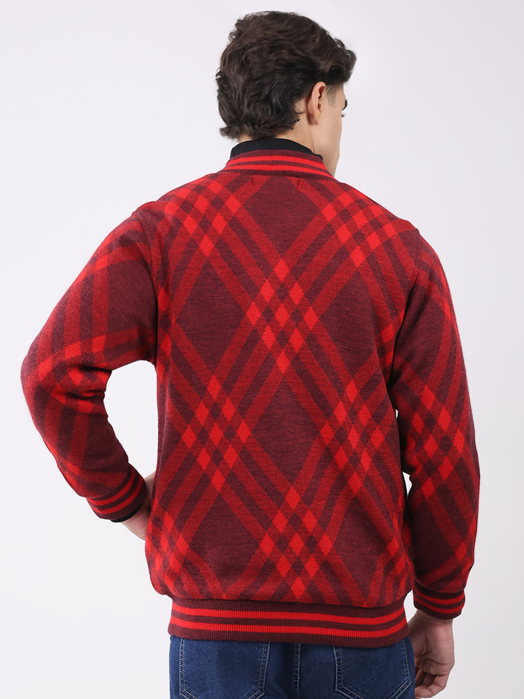 Men Red Printed T Neck Full Sleeve Jacket