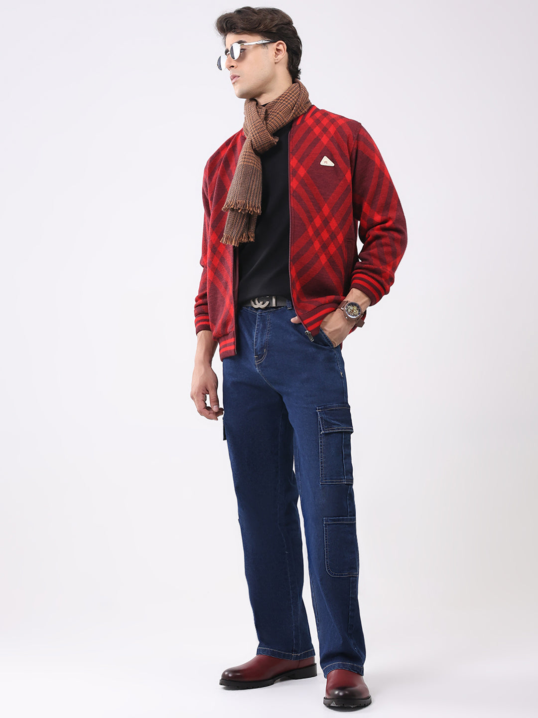 Men Red Printed T Neck Full Sleeve Jacket