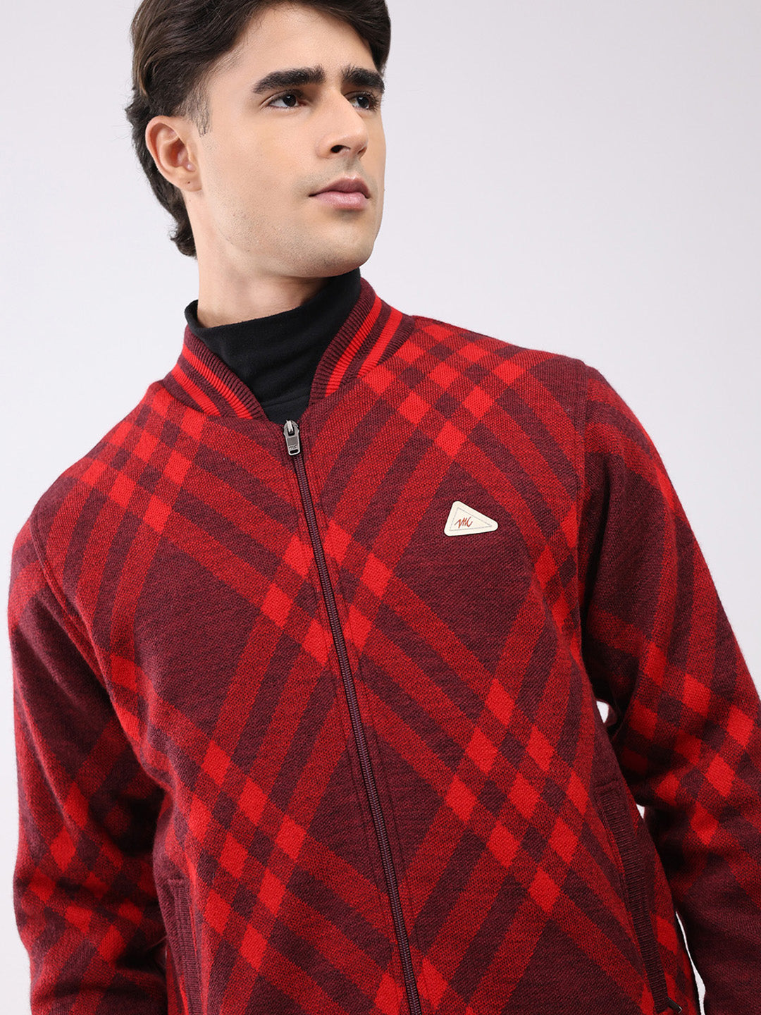 Men Red Printed T Neck Full Sleeve Jacket