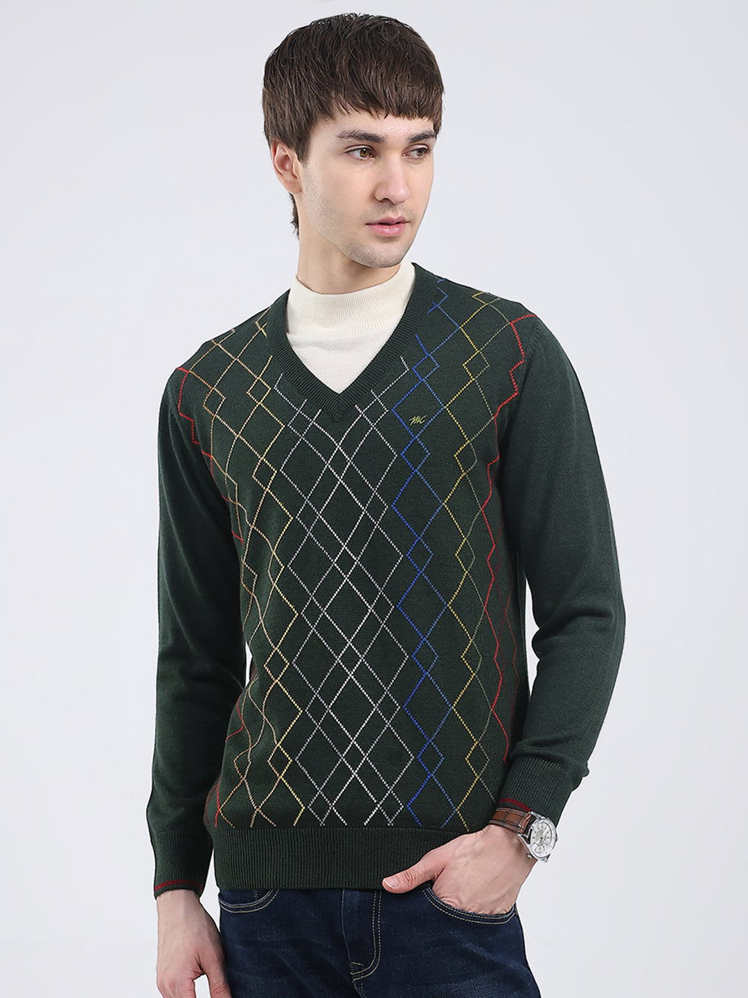 Men Olive Self Design V Neck Full Sleeve Pullover