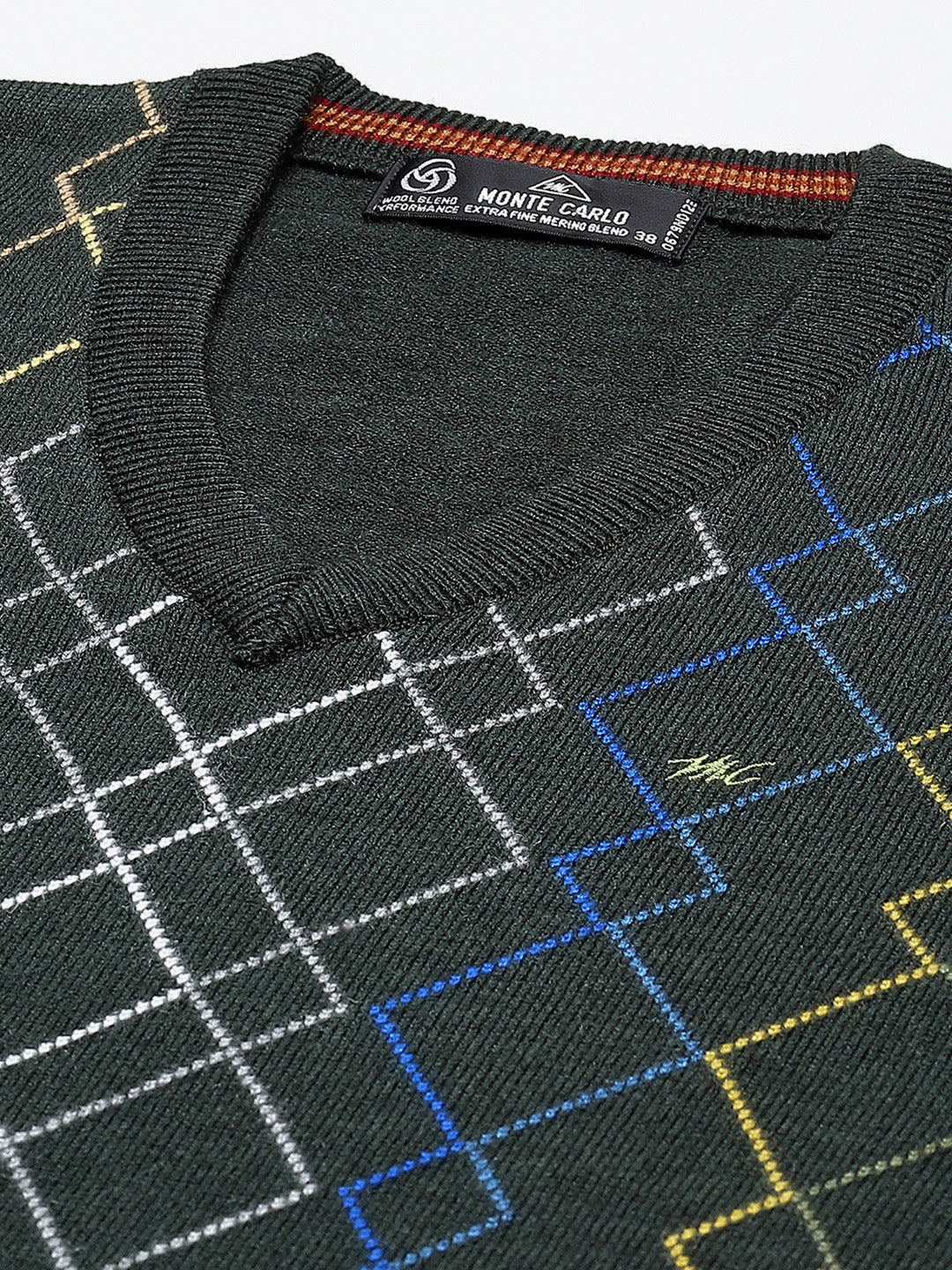 Men Olive Self Design V Neck Full Sleeve Pullover