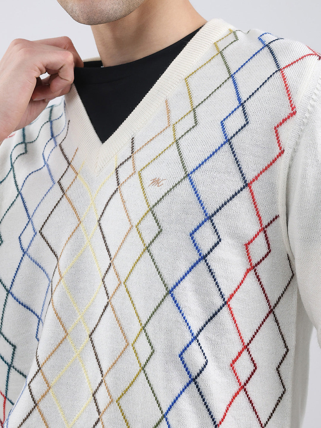 Men White Self Design V Neck Full Sleeve Pullover