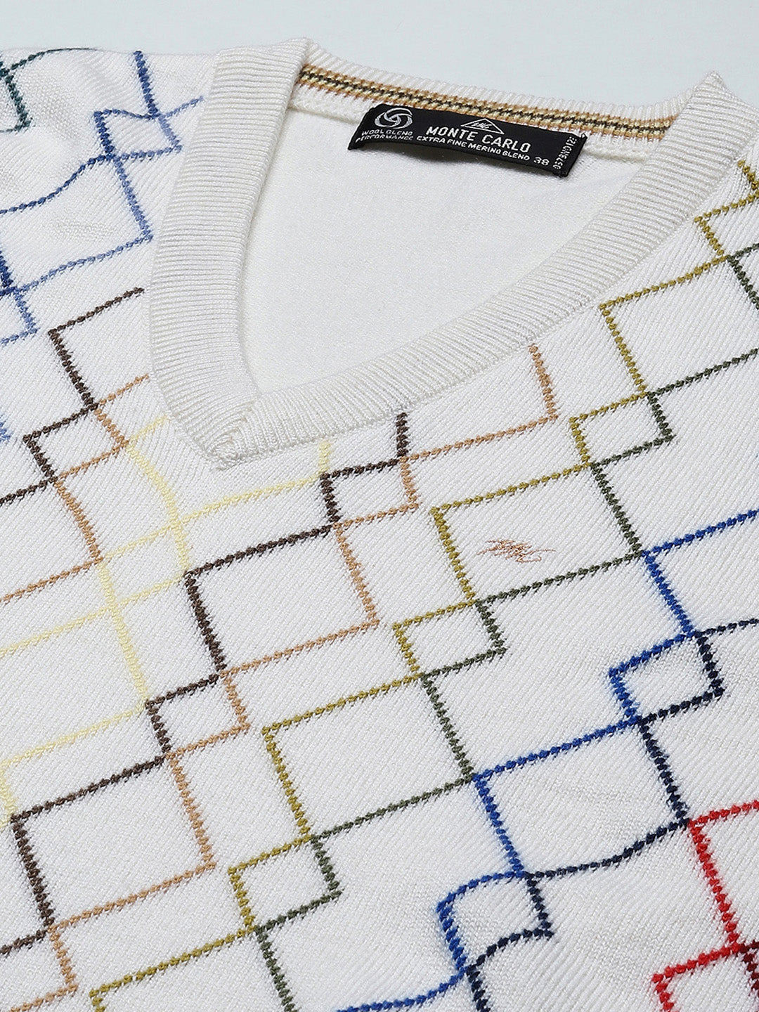 Men White Self Design V Neck Full Sleeve Pullover