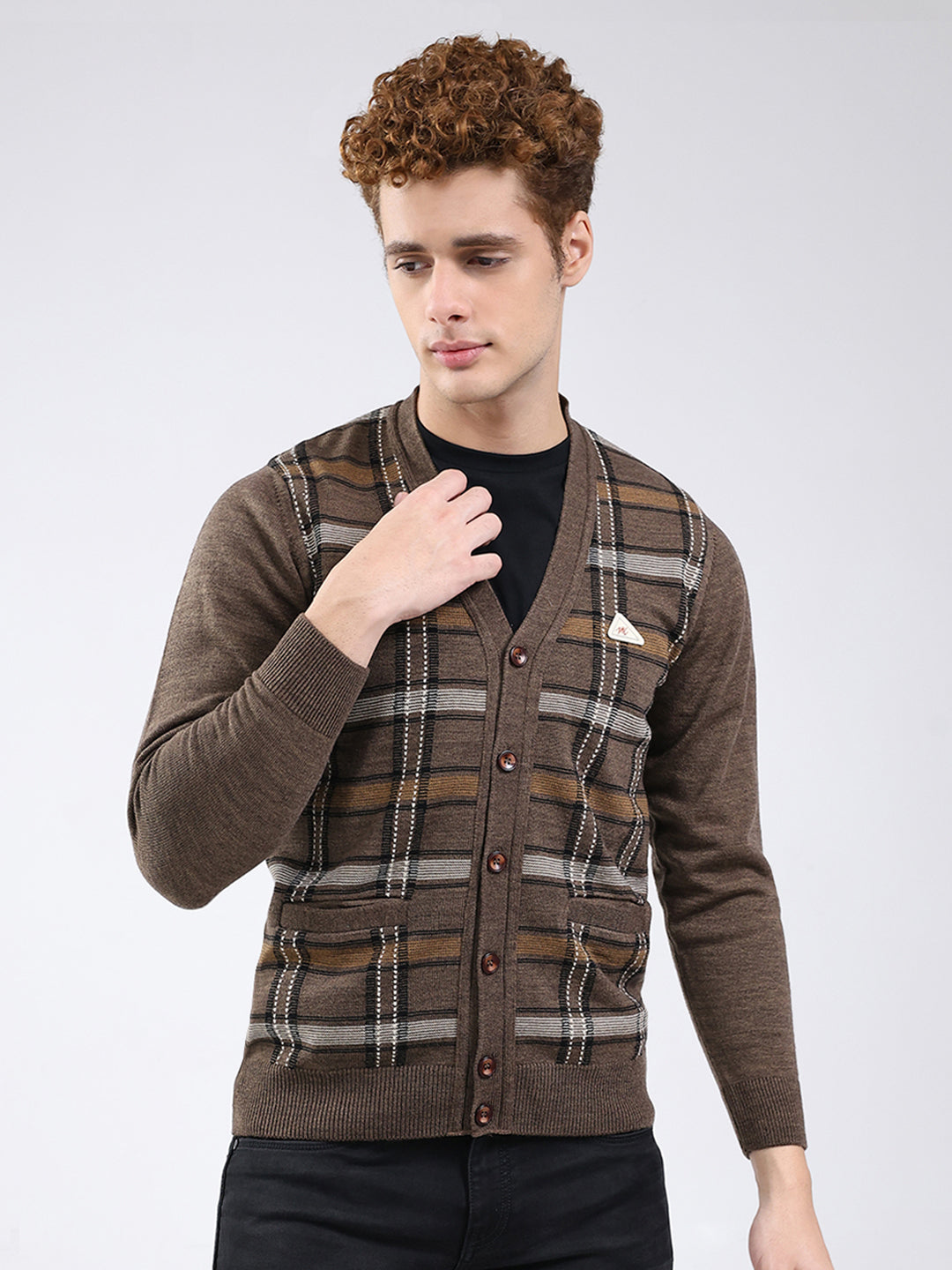 Men Brown Printed V Neck Full Sleeve Cardigan