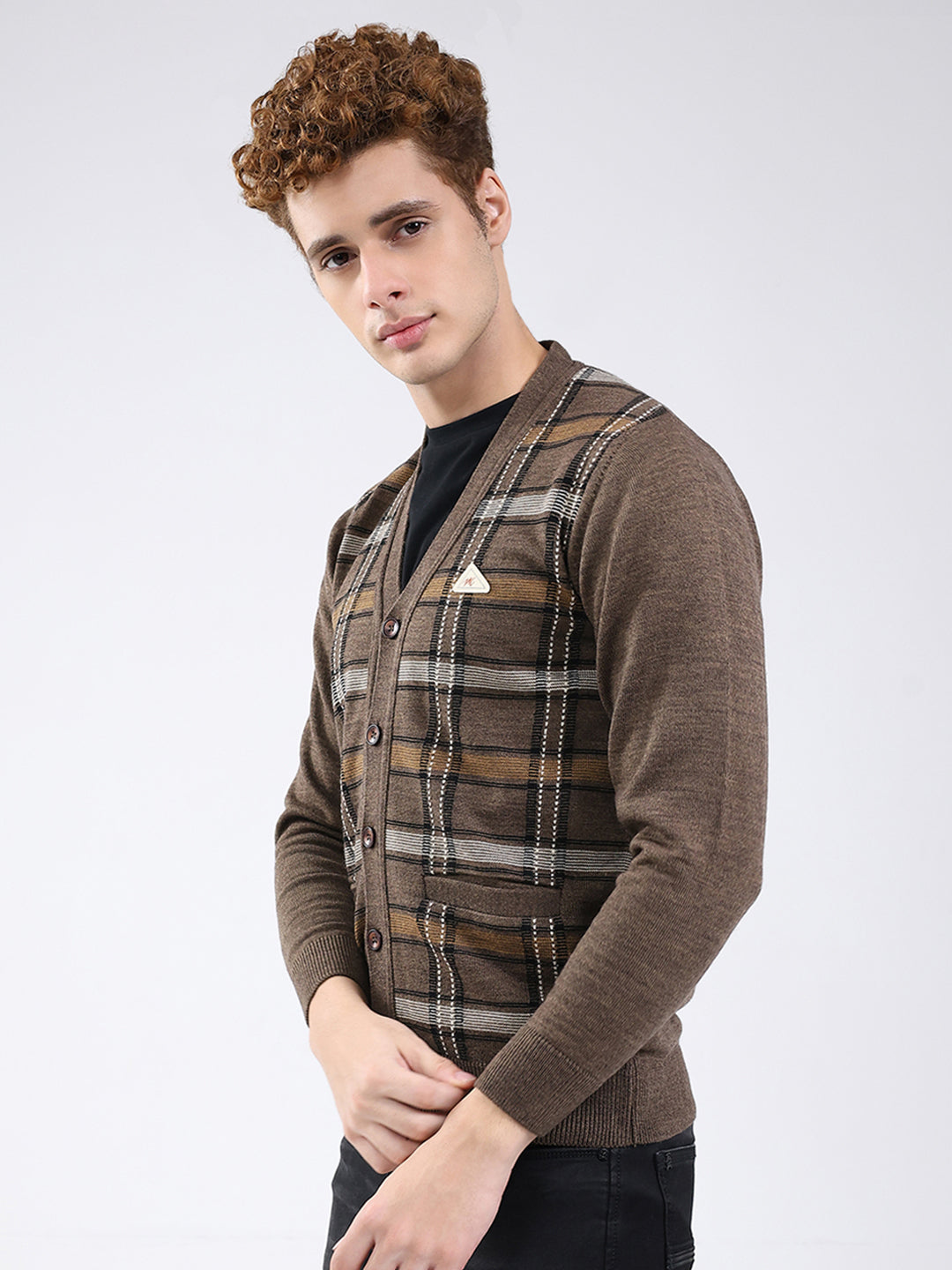 Men Brown Printed V Neck Full Sleeve Cardigan