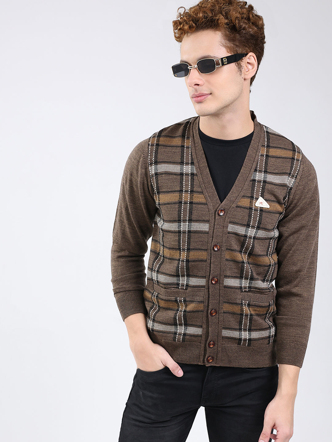 Men Brown Printed V Neck Full Sleeve Cardigan