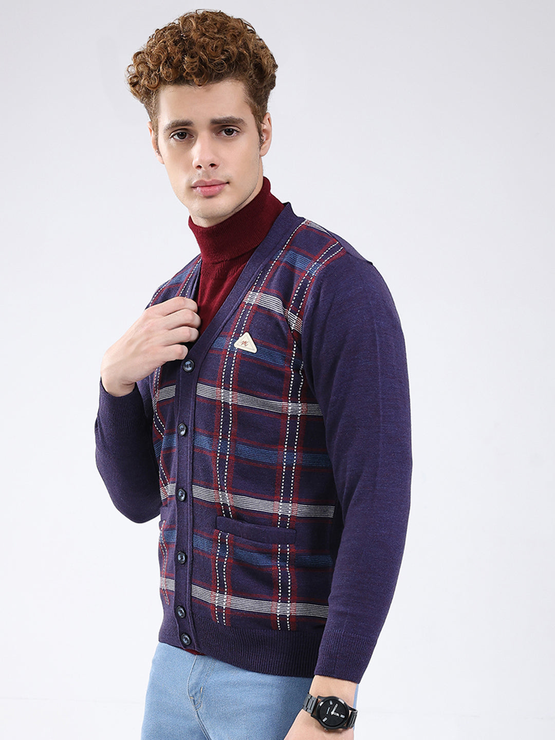 Men Purple Printed V Neck Full Sleeve Cardigan