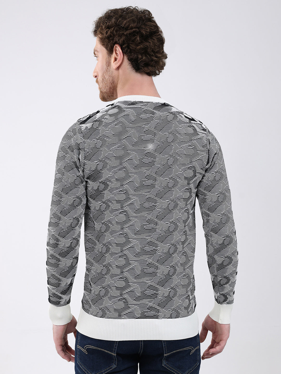 Men Grey Self Design Round Neck Full Sleeve Pullover