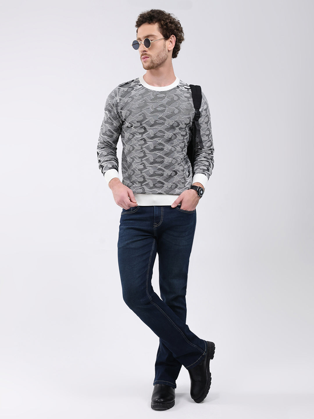 Men Grey Self Design Round Neck Full Sleeve Pullover