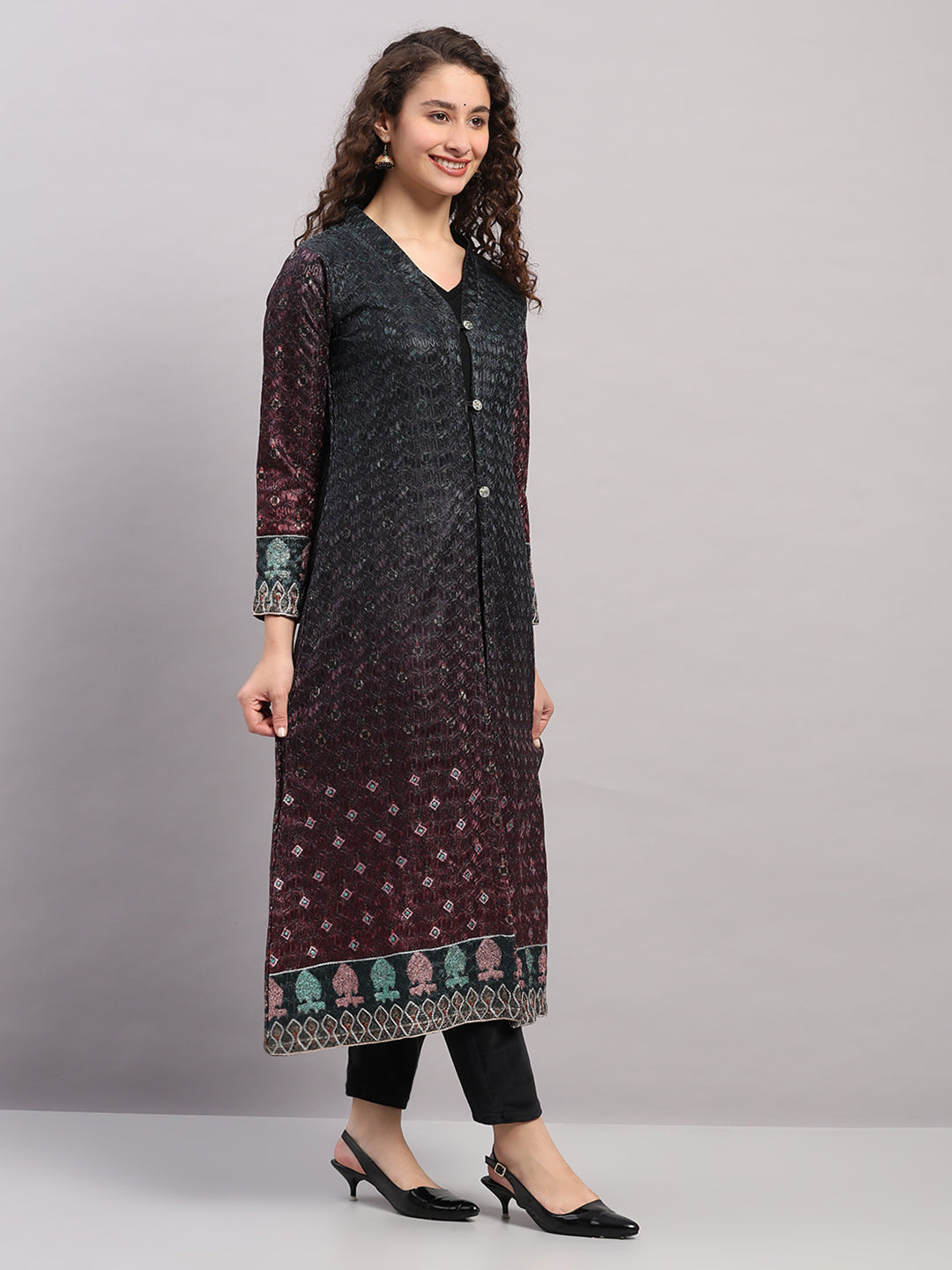 Women Maroon Printed Round Neck Full Sleeve Kurti Set for Winter