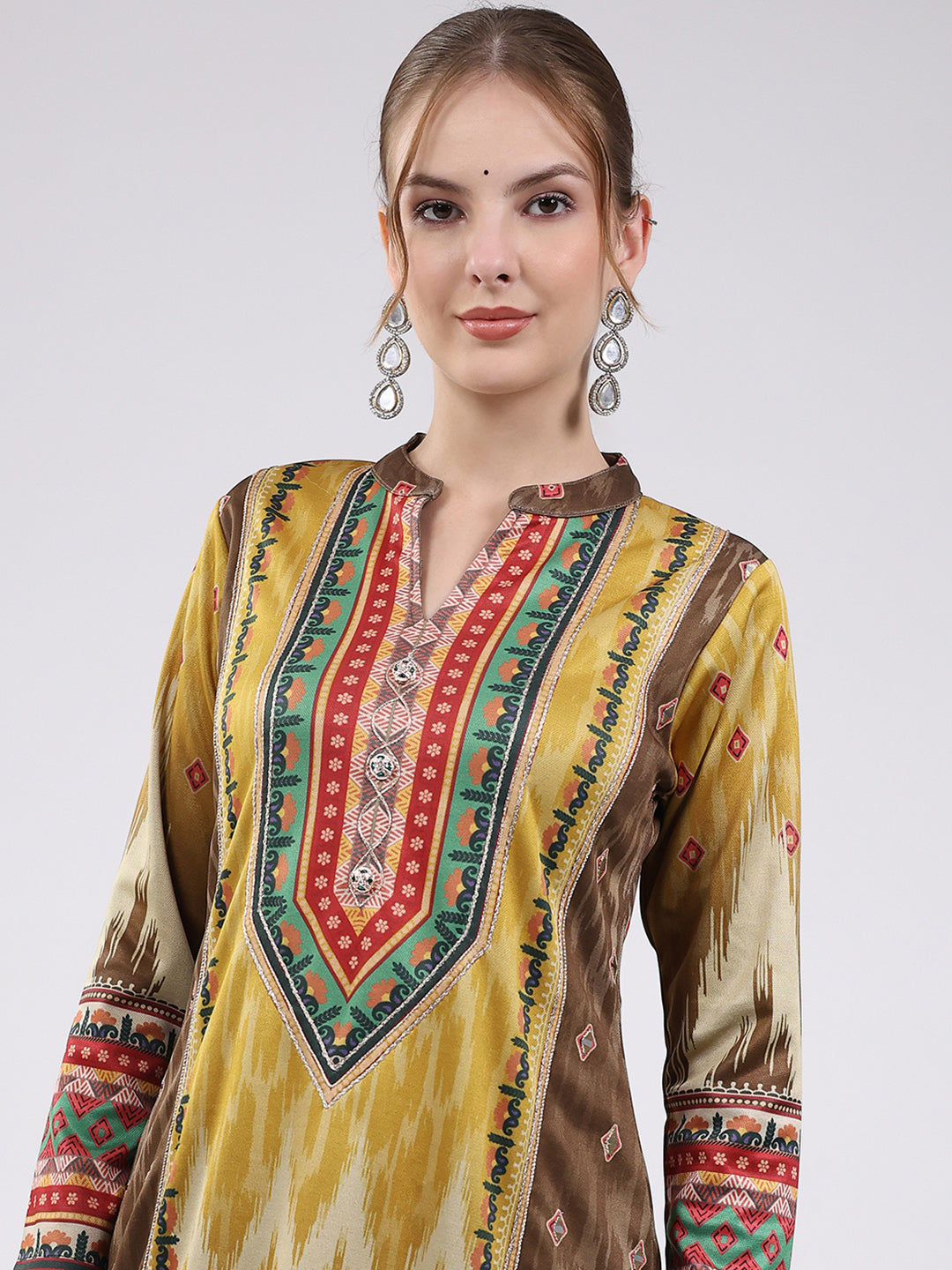 Women Multicolor Printed Round Neck Full Sleeve Kurti Set for Winter