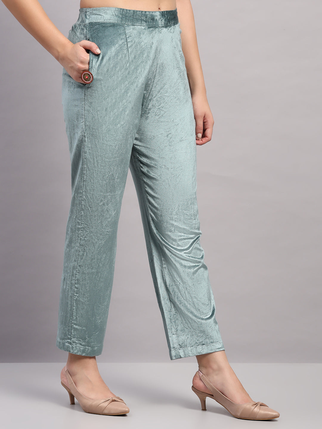 Women Blue Printed Round Neck Full Sleeve 3 Pc Kurti Set for Winter