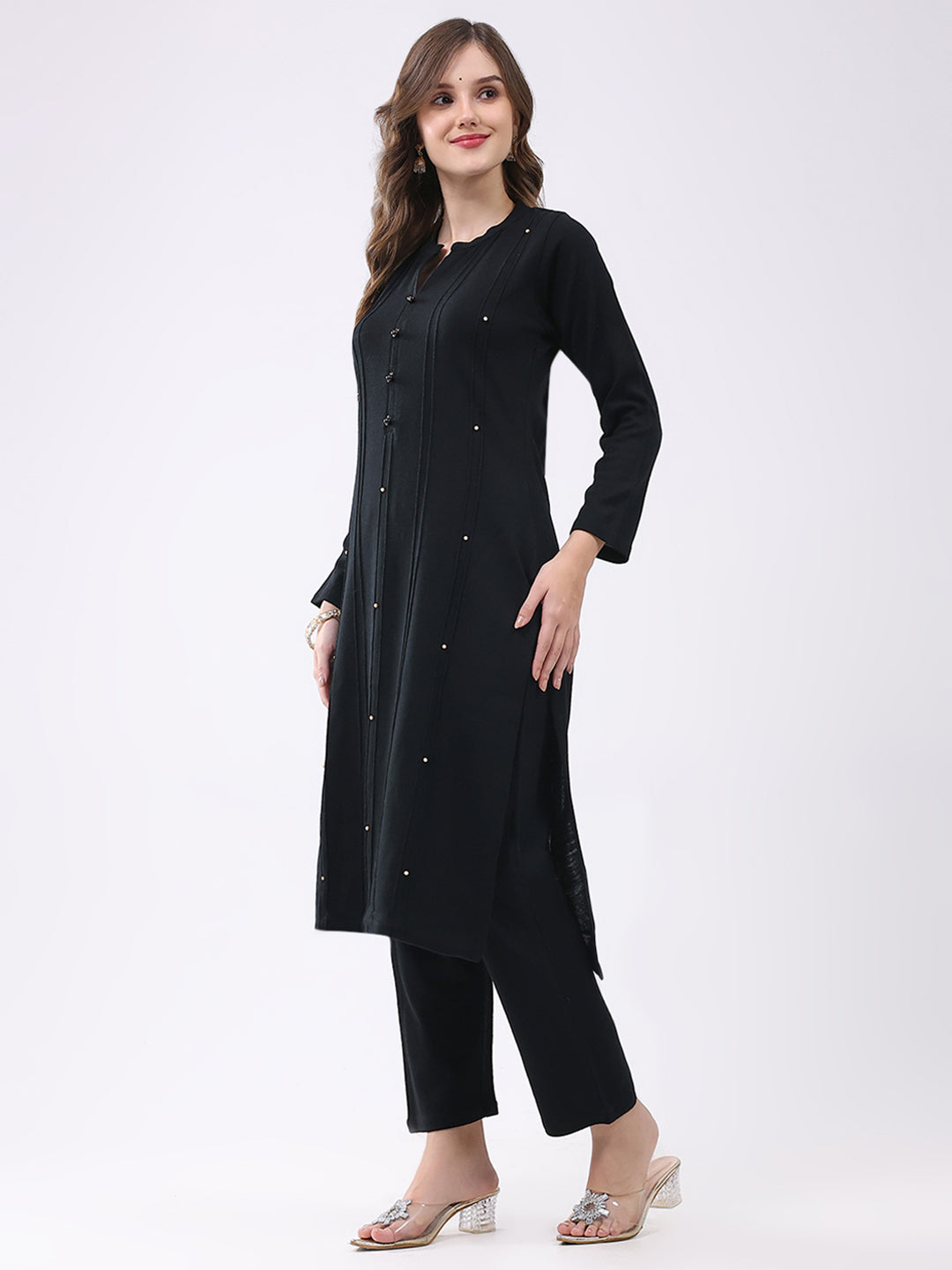 Women Black Self Design Round Neck Full Sleeve Kurti Set for Winter