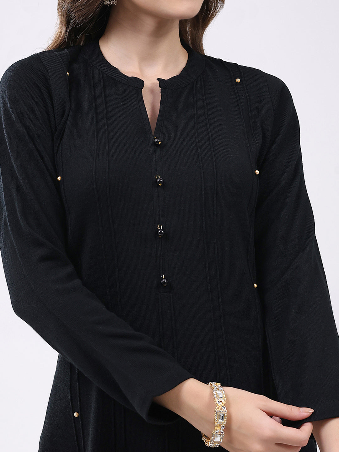 Women Black Self Design Round Neck Full Sleeve Kurti Set for Winter