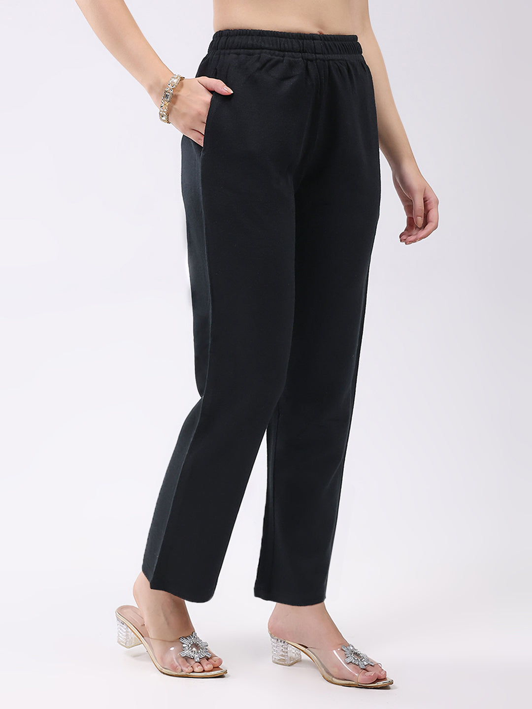 Women Black Self Design Round Neck Full Sleeve Kurti Set for Winter