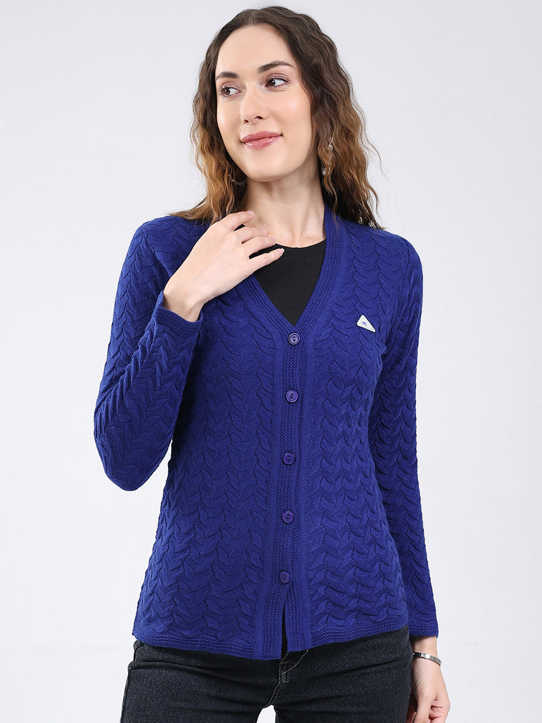 Women Blue Self Design V Neck Full Sleeve Cardigan