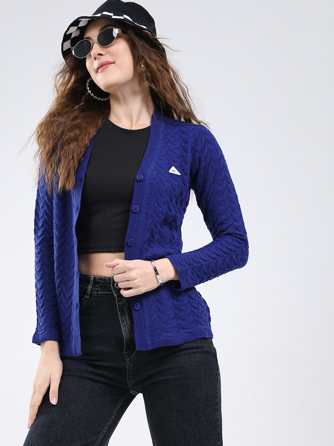 Women Blue Self Design V Neck Full Sleeve Cardigan