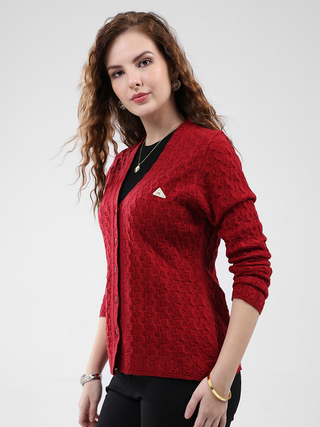 Women Red Self Design V Neck Full Sleeve Cardigan