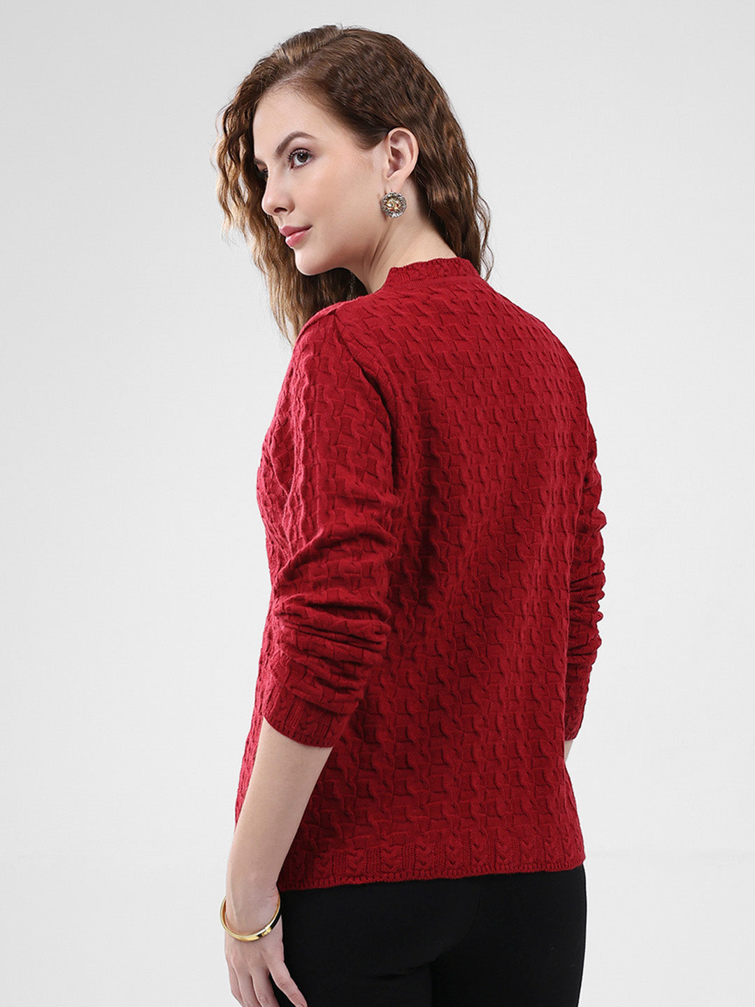 Women Red Self Design V Neck Full Sleeve Cardigan