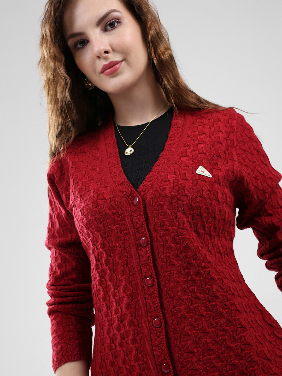 Women Red Self Design V Neck Full Sleeve Cardigan