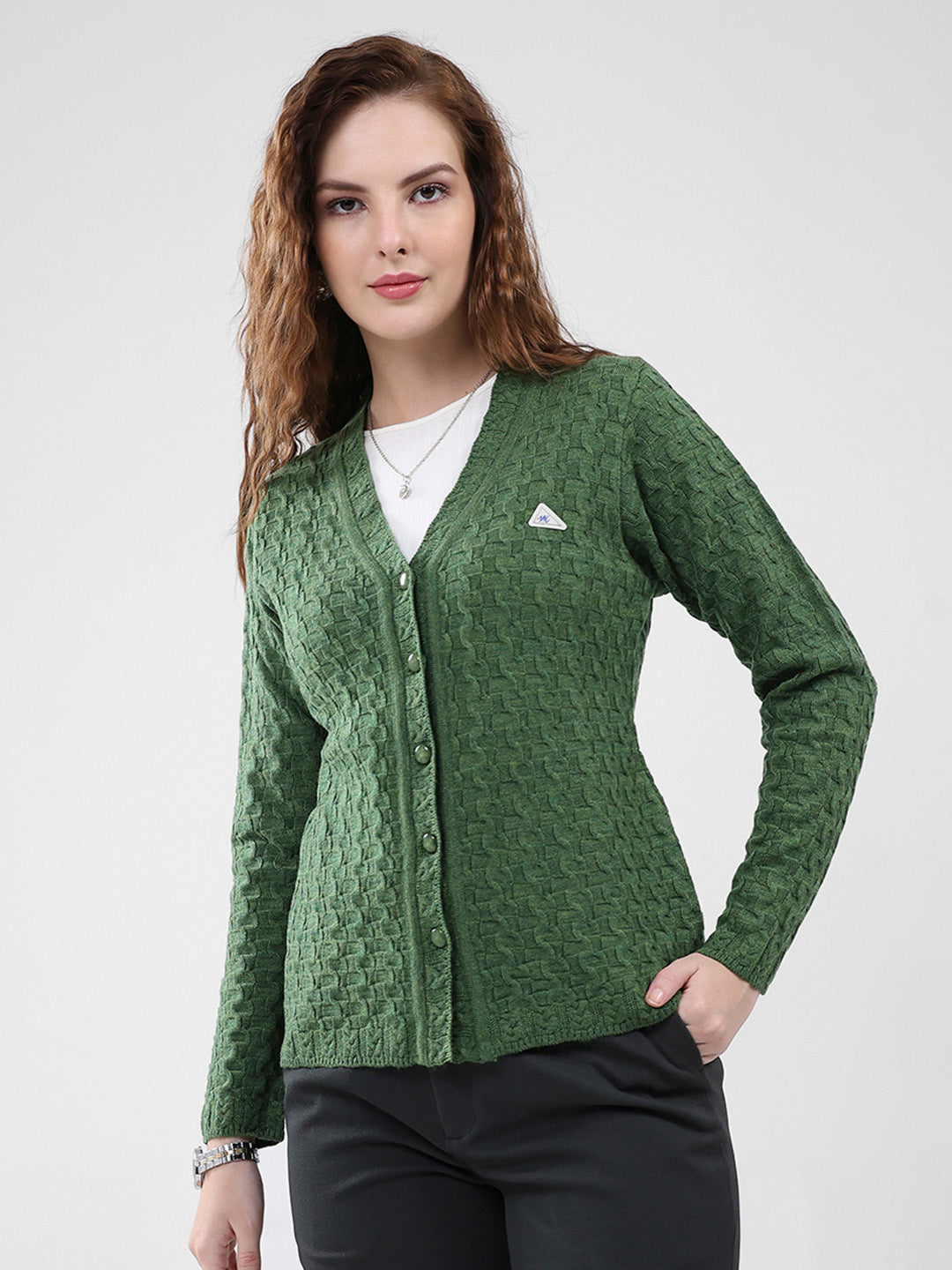 Women Green Self Design V Neck Full Sleeve Cardigan