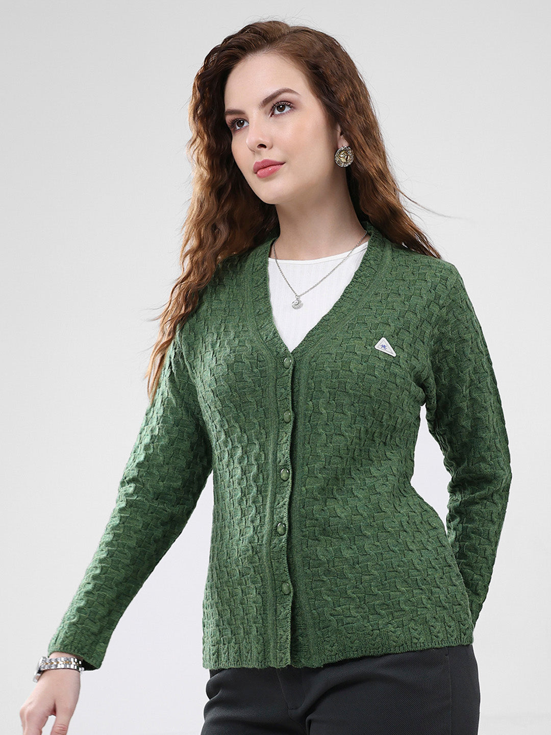 Women Green Self Design V Neck Full Sleeve Cardigan