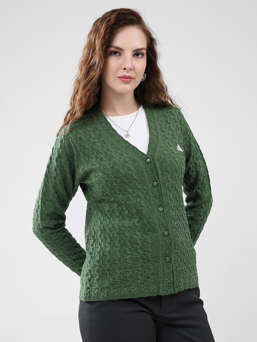 Women Green Self Design V Neck Full Sleeve Cardigan