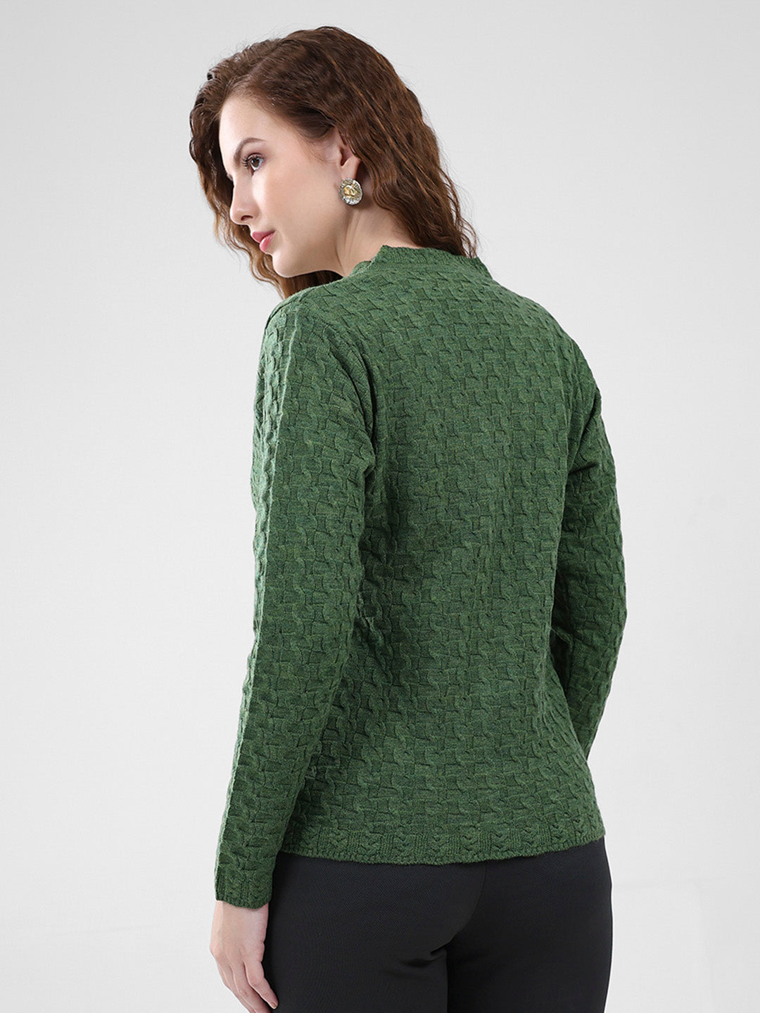 Women Green Self Design V Neck Full Sleeve Cardigan