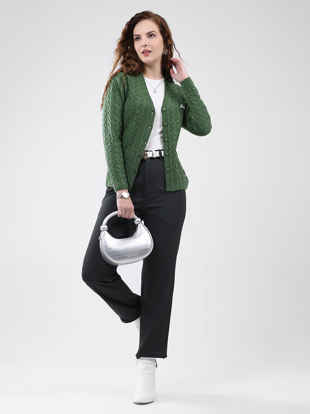 Women Green Self Design V Neck Full Sleeve Cardigan