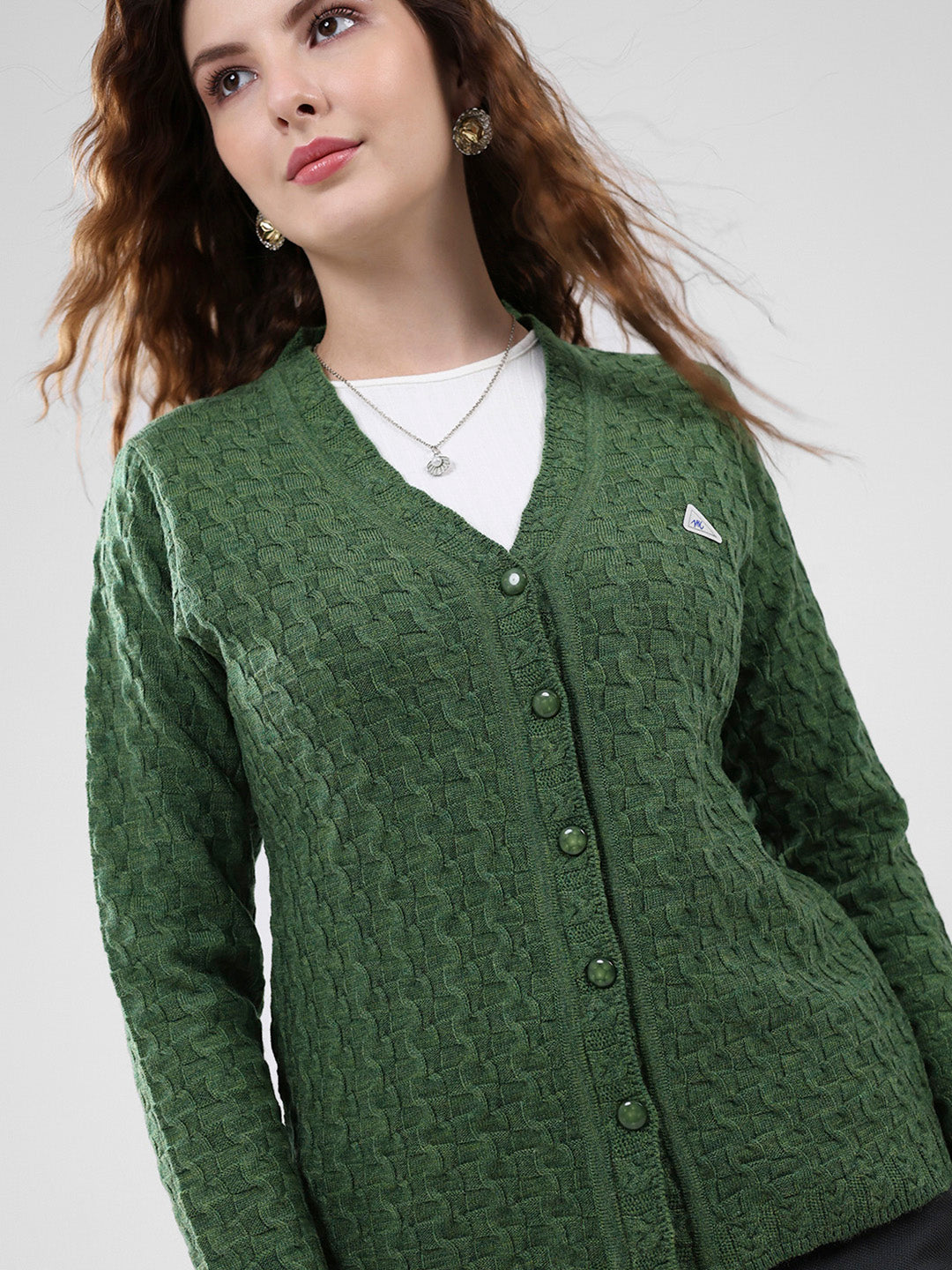 Women Green Self Design V Neck Full Sleeve Cardigan