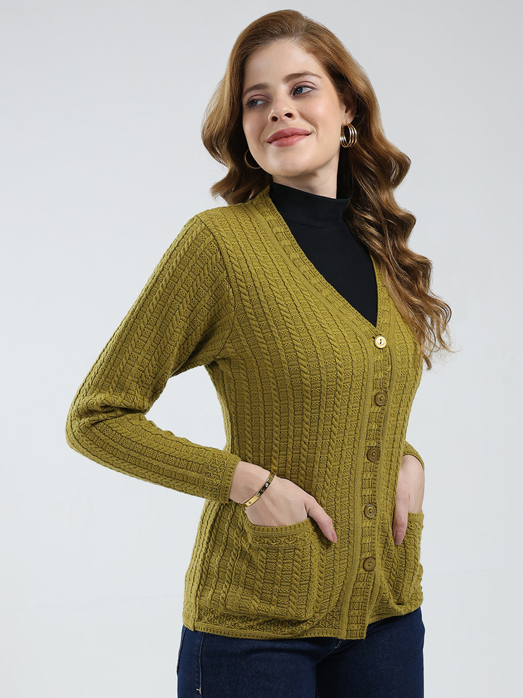 Women Mustard Self Design V Neck Full Sleeve Cardigan