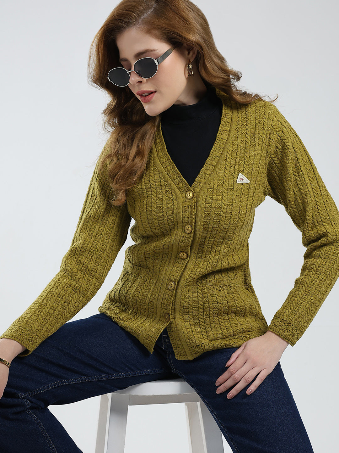 Women Mustard Self Design V Neck Full Sleeve Cardigan