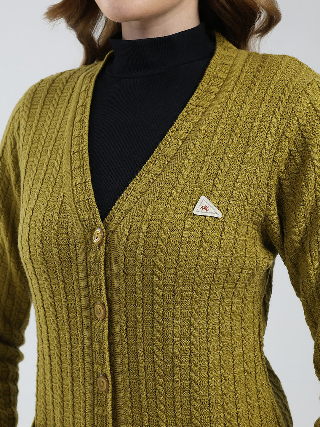 Women Mustard Self Design V Neck Full Sleeve Cardigan