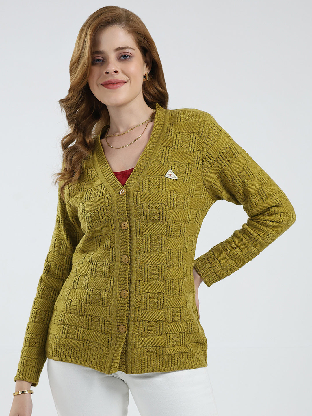Women Mustard Self Design V Neck Full Sleeve Cardigan