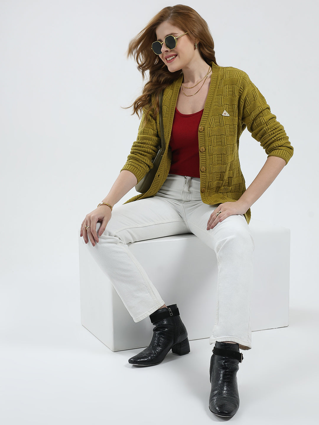 Women Mustard Self Design V Neck Full Sleeve Cardigan